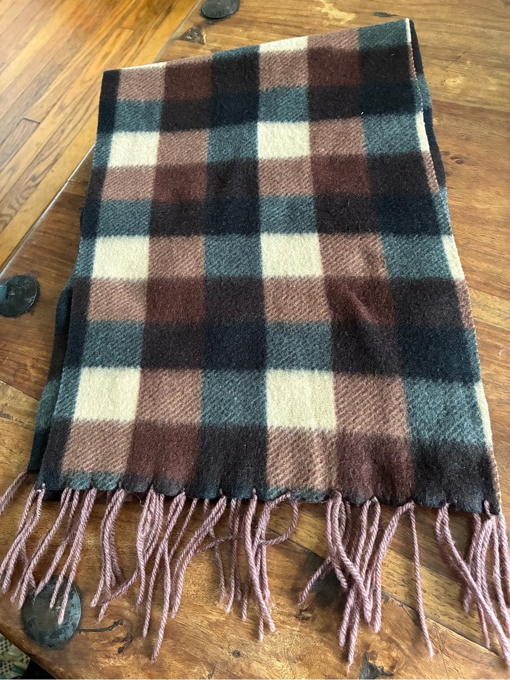 Plaid Fringe Scarf in Brown, Black & Cream